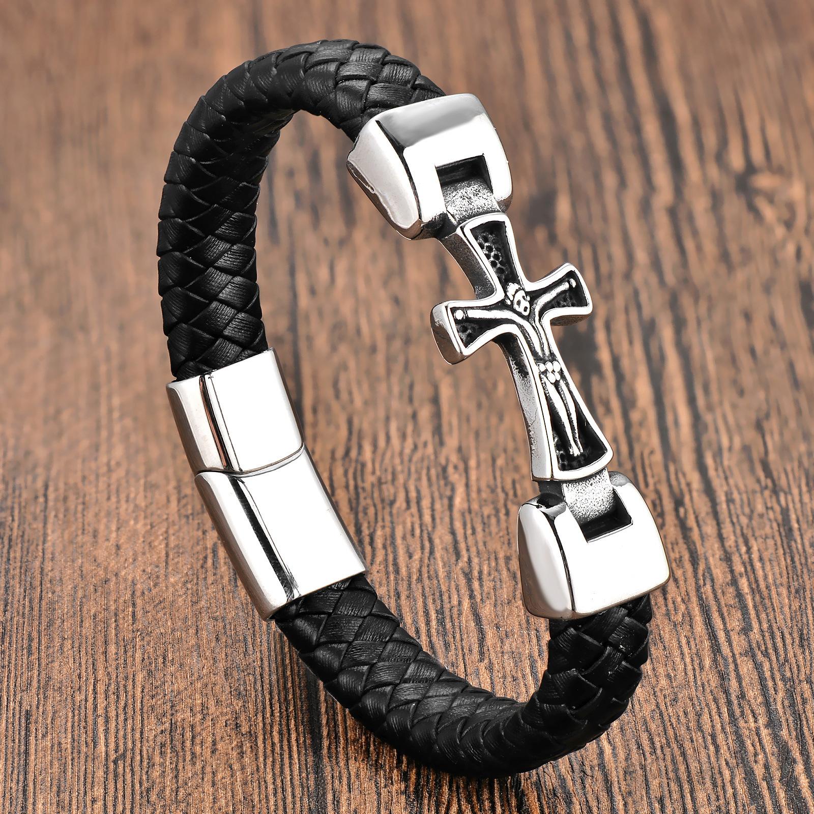 2026 Black Leather Rope Cowhide Men s Cross Simple Leather Woven Bracelet Leather Bracelet 21CM