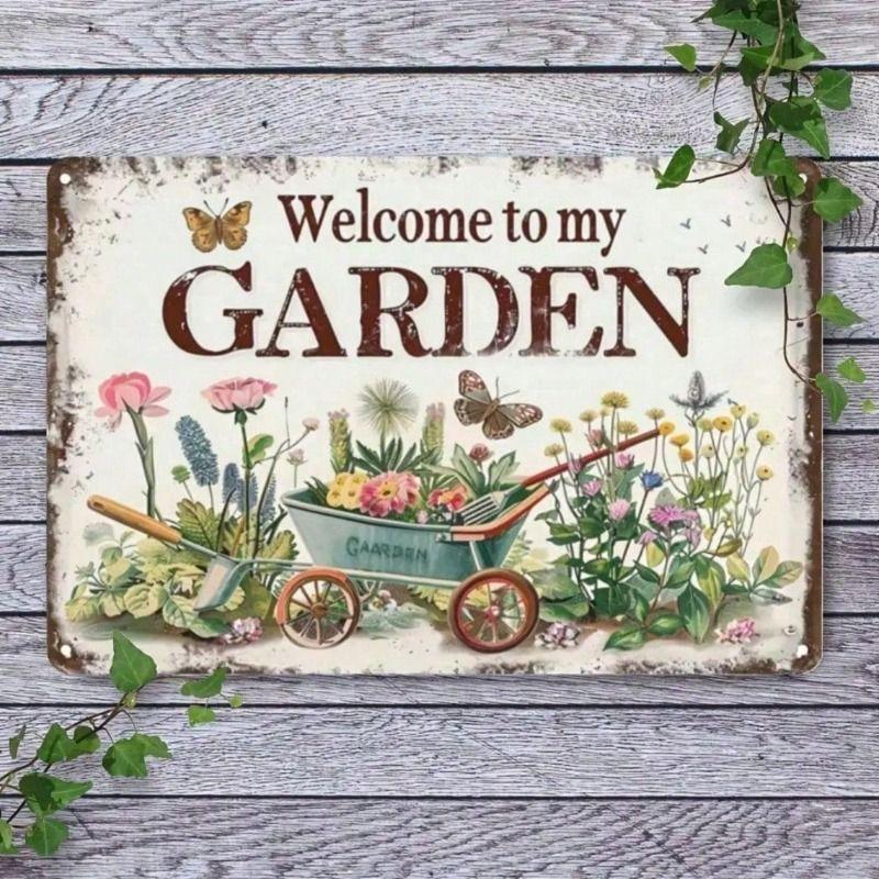 Metal Poster Wall Art, Vintage Garden Sign Welcome to My Garden, Outdoor Farmhouse Decor