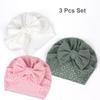 Non-Toxic 3 Pack Baby Breathable Caps Set Cotton Newborn Sun Protection Bonnet With Bows - Solid Color White Pink Green Hypoallergenic