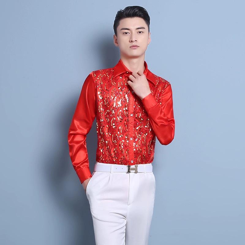 

Чоловіча великого розміру барвиста сорочка зі стразами для сценічних виступів для танців та співу XXL