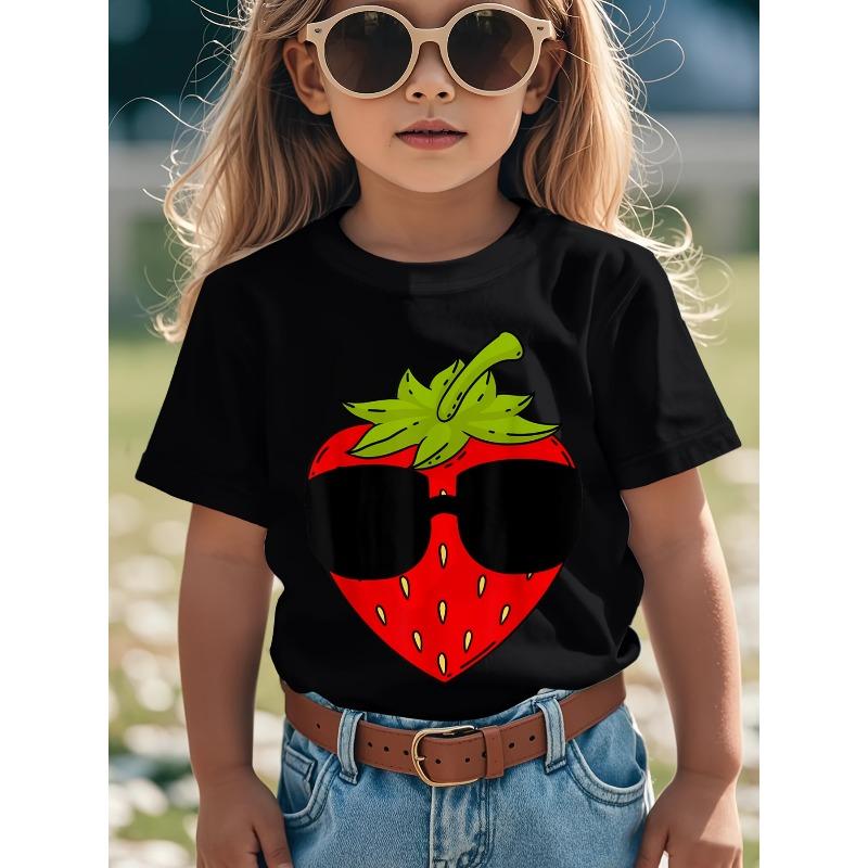 Children Crew Neck Short Sleeve T-Shirt with Artistic Strawberry Print