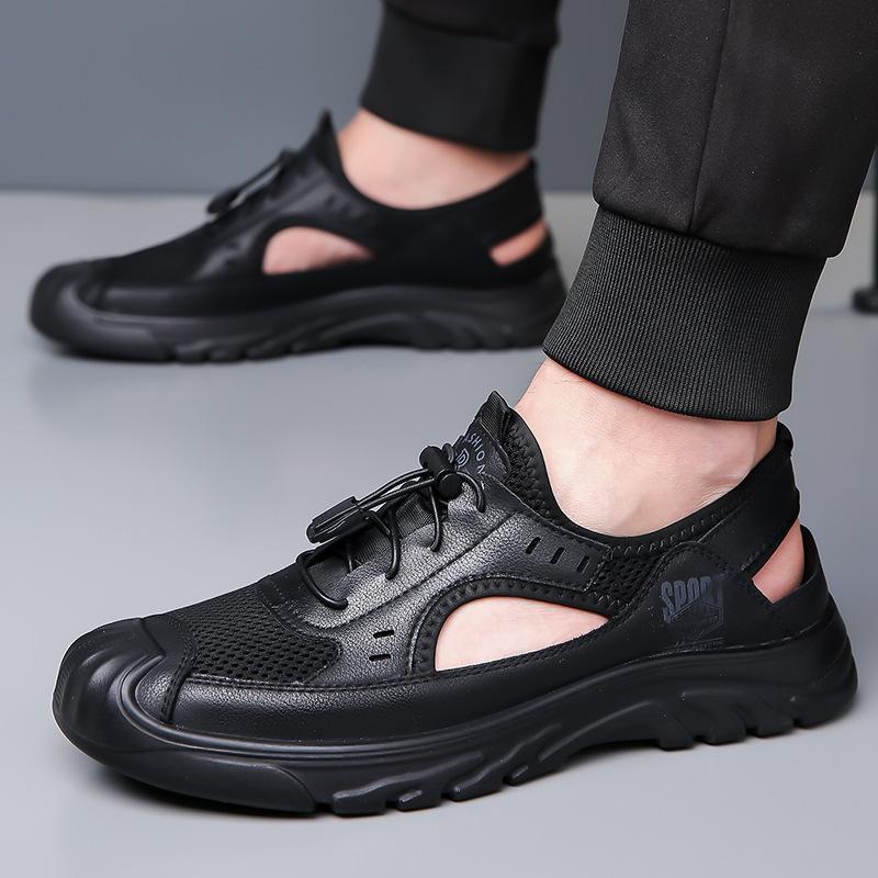 Baotou Sandals Leather Hollow Wading Shoes Men'S Casual Soft Sole Breathable Hole Shoes Men'S Shoes