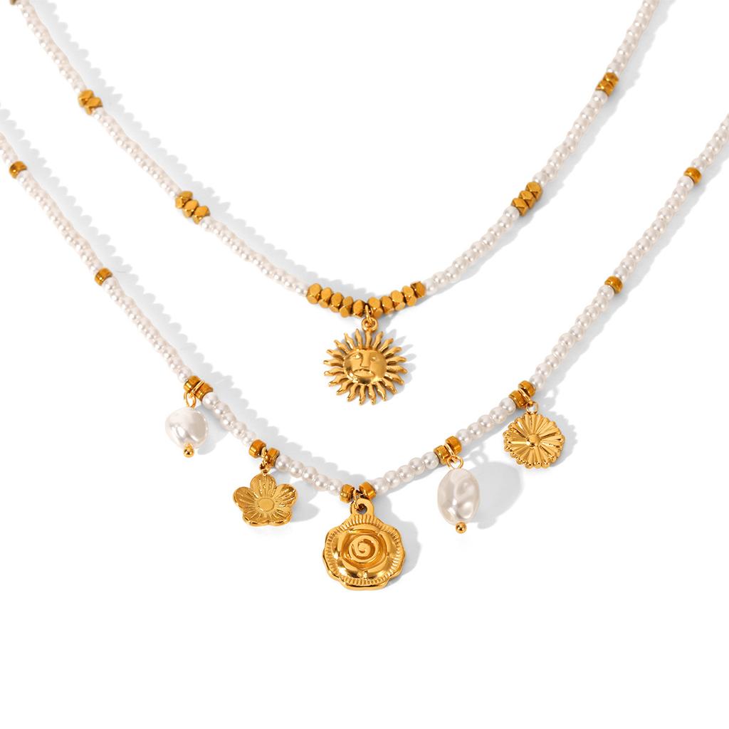 Euro-American Style Pearl Chain Stainless Steel Sunflower Pendant Necklace for Women, High-end Accessory and Outfit Jewelry