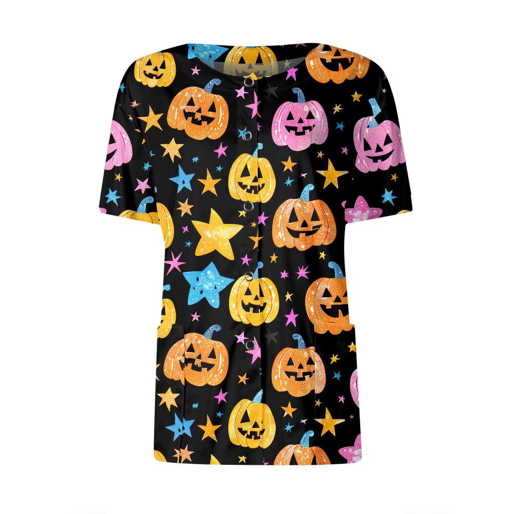 Women's Short Sleeved Patterned Pockets, Work Print Stand Up Collar, Single Breasted Protective Clothing, Cardigan Jacket, Top