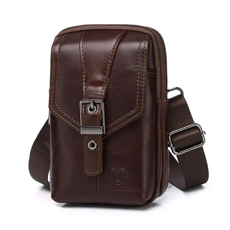 Men's genuine leather small shoulder crossbody phone bag with anti-theft multifunctional buckle