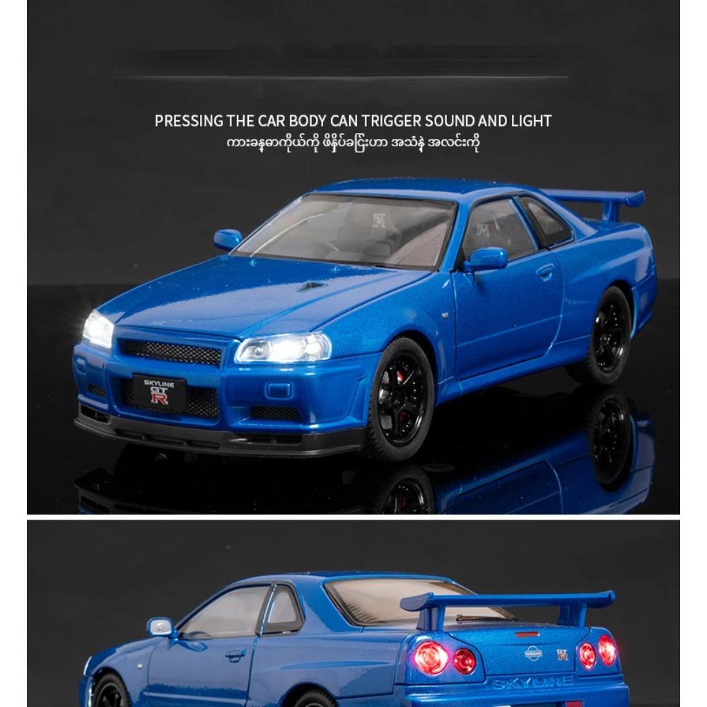1/24 Nissan Skyline GTR R34 Rychle a zběsile Kovový model auta Zvuk Světlo Sběratelská miniatura Voiture Diecast Hračka Vozidlo Chlapec C342