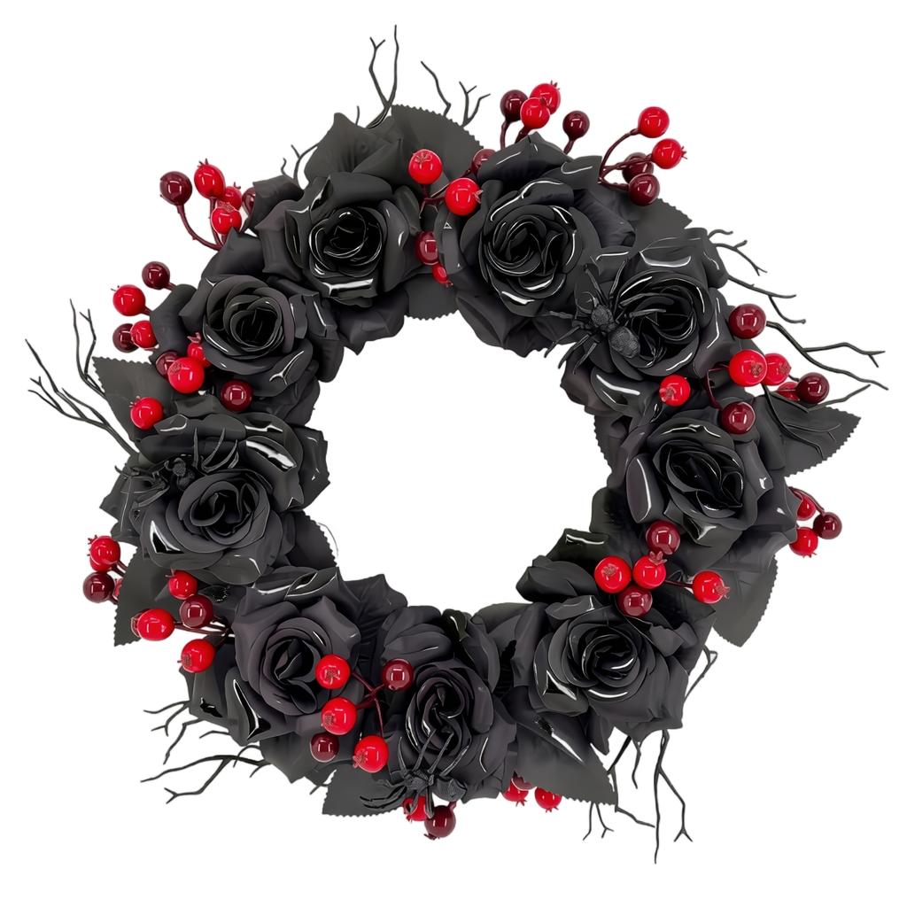 40cm Artificial Rose Branch Wreath with Simulated Spider and Berry Accents for Halloween Party Door Wall Window Decoration