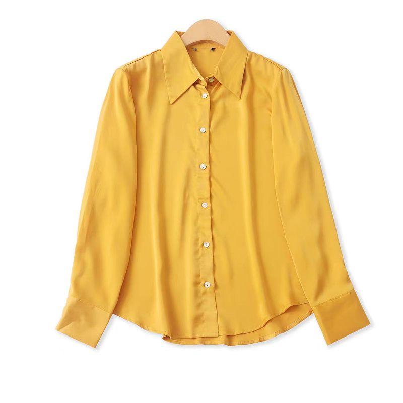 

Imitated Silk Fabric Shirts Summer and Autumn New Foreign Trade Women clothes Fashion Age-Reducing Lapel Single-Breasted Long sleeve Shirts 31917 Yellow A- 4-4-3 S