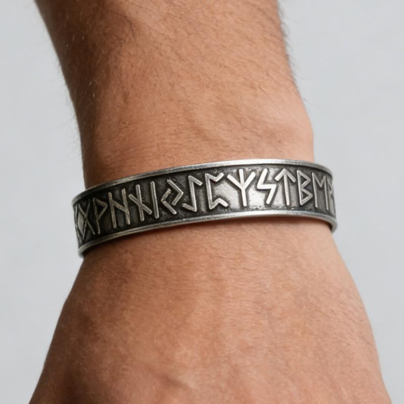 Viking Totem Letters Cuff Bracelet Norse Mythology Antique Black Stainless Steel Bangle Jewelry for Men