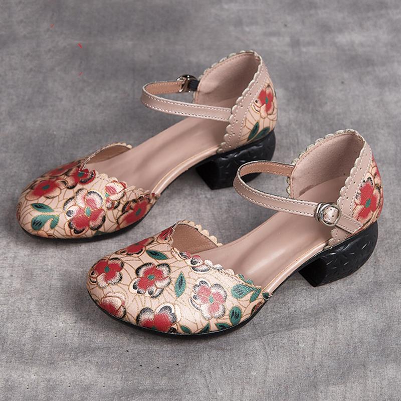 Women Shoes Summer Sandals Genuine Leather 2024 New Fashion Buckle Strap Print Retro Handmade Concise Leisure Ladies Sandals Casual Shoes