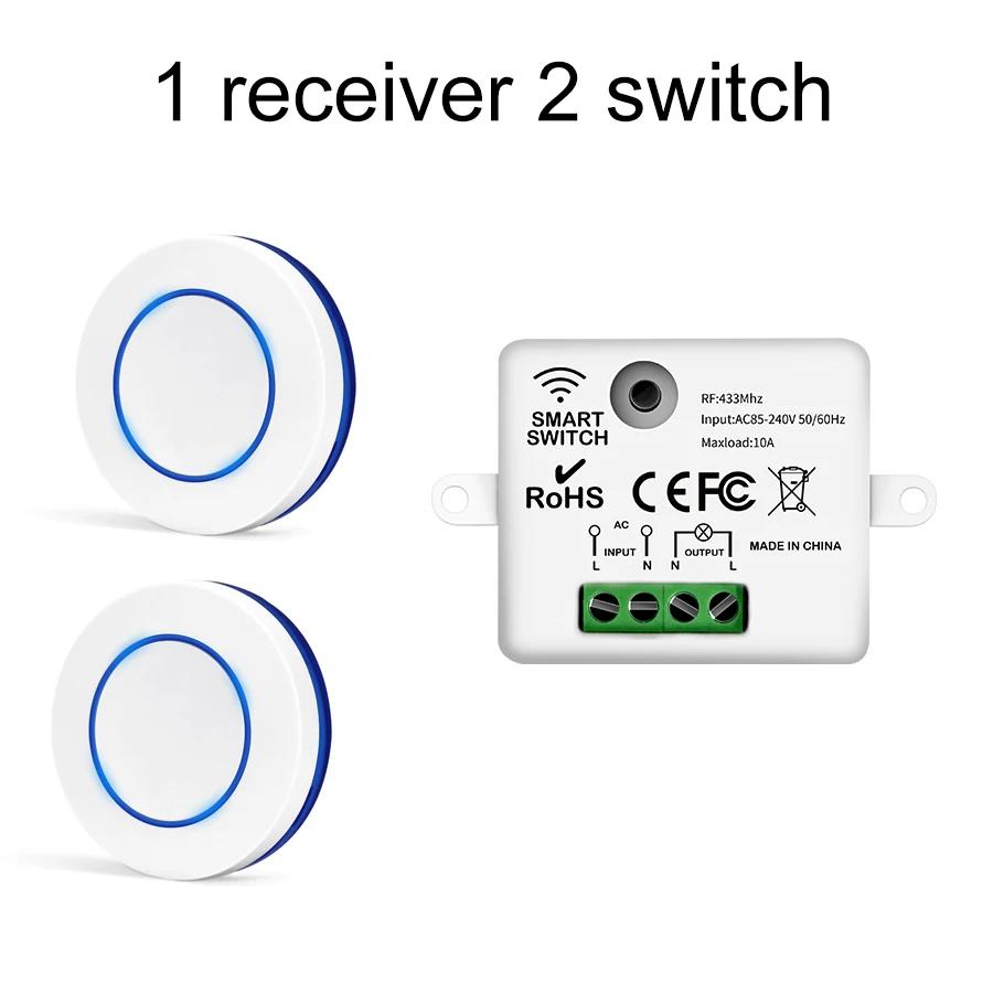 RF 433MHz Wireless Light Switch AC 100-240V Relay Receiver Mini Round Button Switch Remote Control for Home LED Lamp 10A