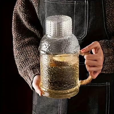 1pc Glass Pitcher With Cup Lid Heat Resistant Glass Heavy Duty Water Pitcher Vintage Drink Carafe For Hot And Cold Beverges Drinkware