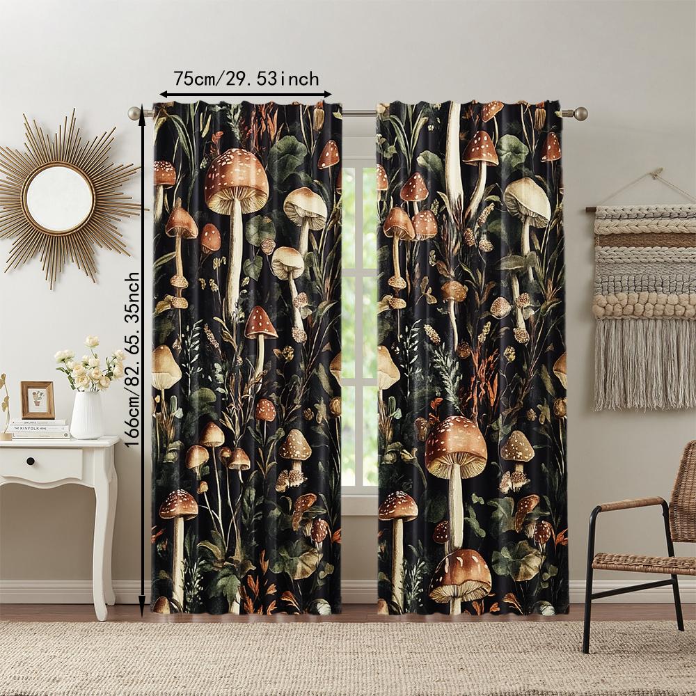 2 Pcs, Versatile Polyester Transparent Curtains for Home Decoration Boho Mushroom Pattern for Use In Bedrooms and Living Rooms