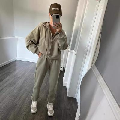 Conjunto Casual Feminino Cor Sólida Manga Longa Moletom com Zíper Calça de Elástico Conjunto de Duas Peças