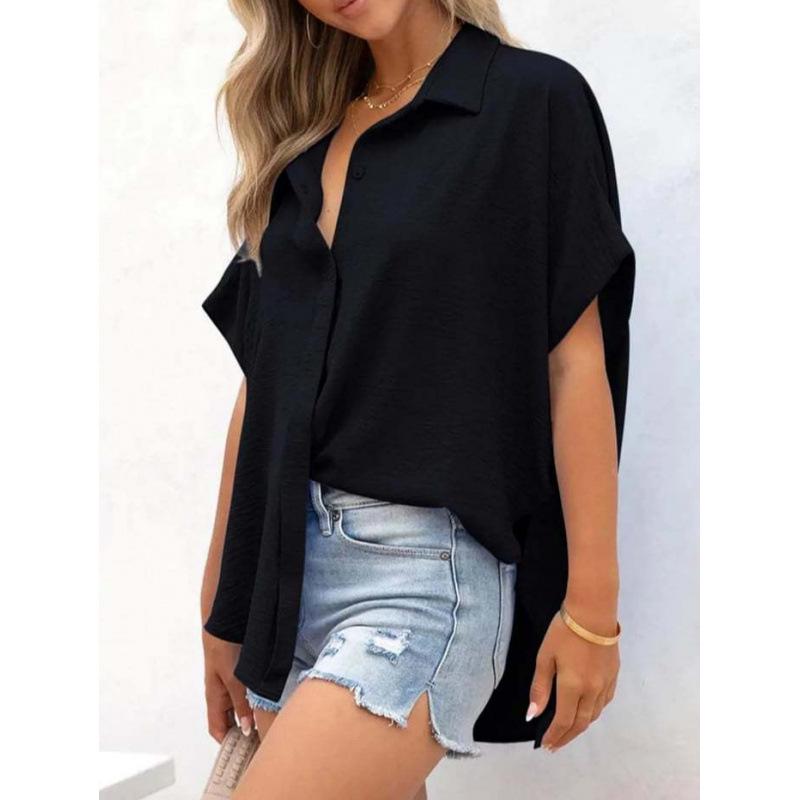 2025 Summer Women's Casual Solid Color Button Short Sleeve Shirt