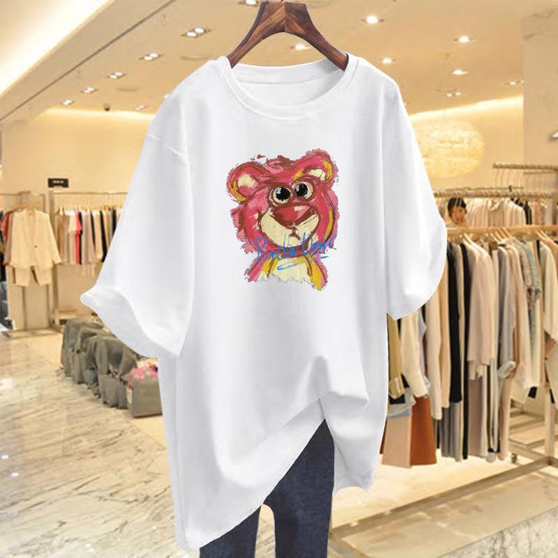 

Pure cotton 2025 summer short-sleeved crew neck women s T-shirt loose national tide printed casual women s bottoming shirt S