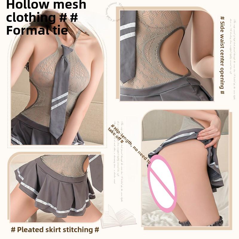 Plus Size Cupless Crotchless Lingerie Uniform Student Suit Sexy Free Off Temptation Pajamas with Stockings for Women