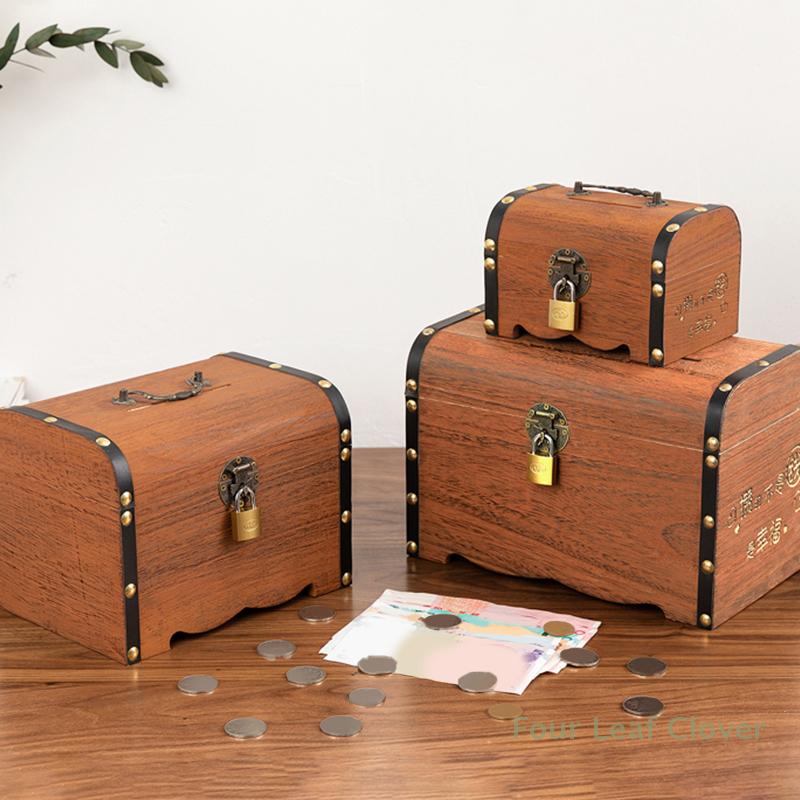 1 Zestaw Pudełko do Przechowywania Skarbów w Stylu Vintage Drewniana Skrzynia Skarbów z Zamkiem Organizer Skarbonka Etui Pudełko Oszczędnościowe do Dekoracji Domu