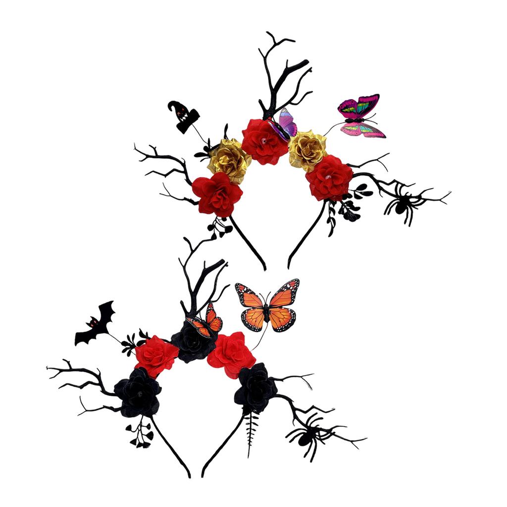 Halloween Deer Antlers Headband With Bat Butterfly Detail And Black Floral Branch Hair Ornament For Costume Parties