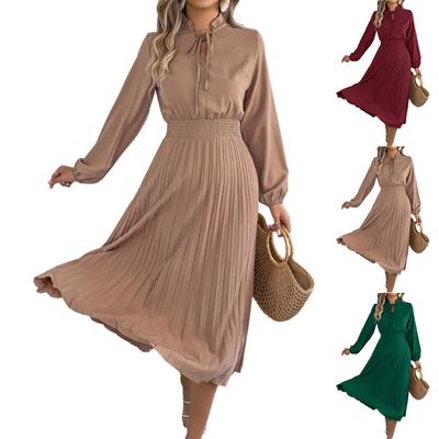 Women's Fashionable Casual Loose-Fit Tie-Waist Bell-Sleeve Pleated Dress