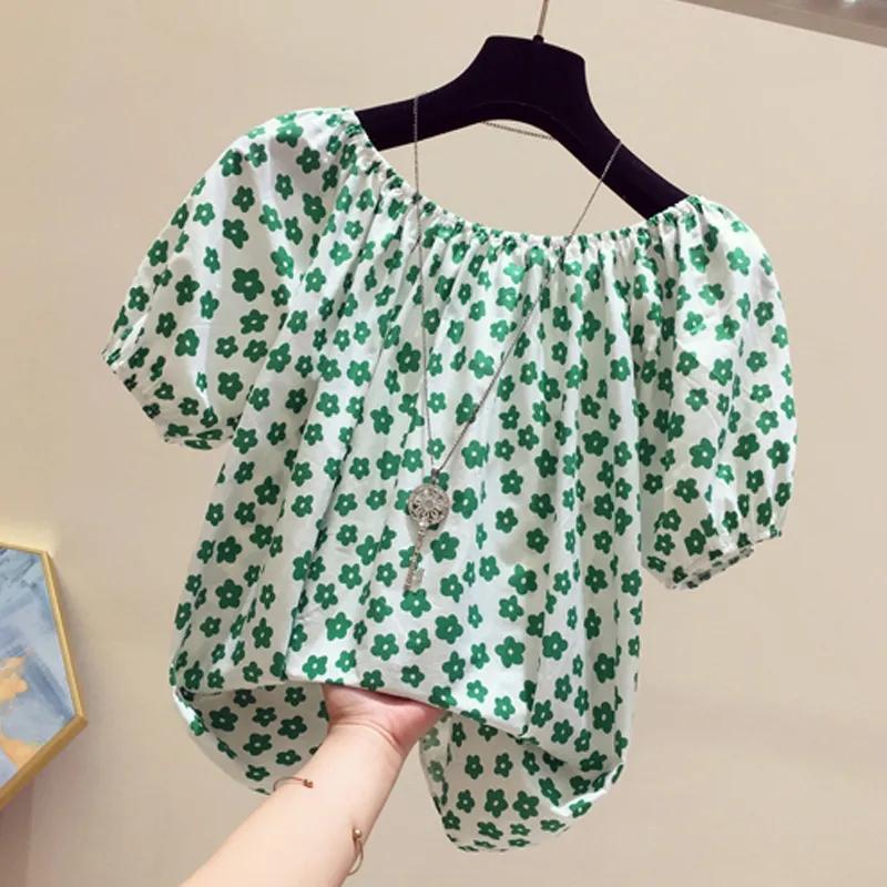 Summer one-word shoulder top large size women's clothing summer loose floral foreign style collar short-sleeved chiffon shirt fat summer thin