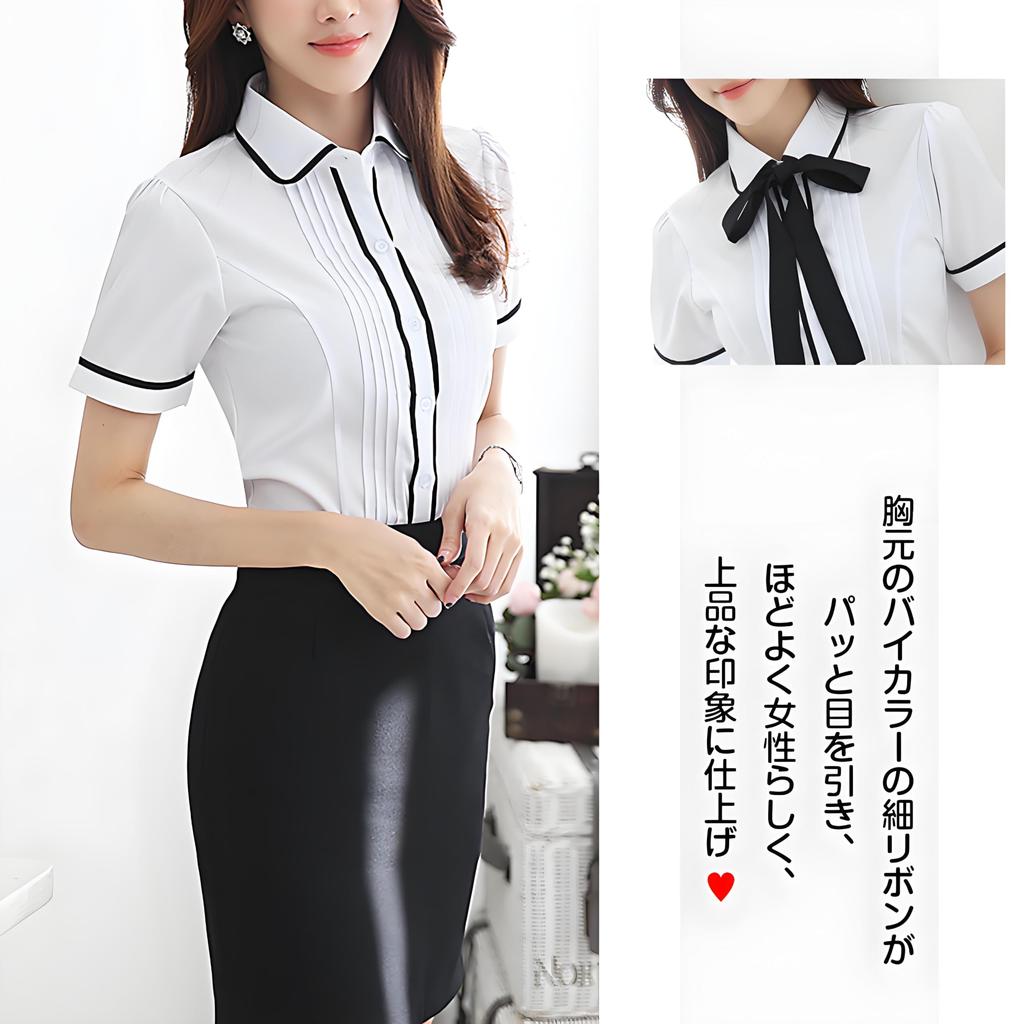 Shirt with Short Front Office XL [Bolan Verl] Ribbon, Women's, Sleeve, Blouse, Ribbon, Tie, Collar, Stylish, Opening, Summer, Office, Commuting, Wear,