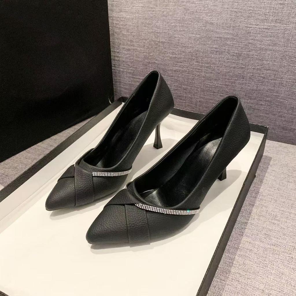 French temperament pointed women's single shoes 2025 autumn new rhinestone light mouth black work versatile stiletto high heels
