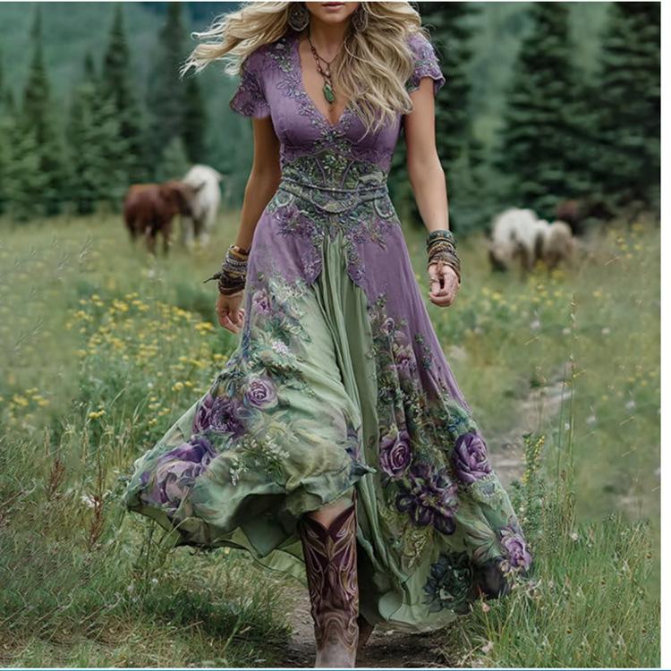 

Макси-платье с длинным рукавом и цветочным принтом, с зеленым и фиолетовым узором, в повседневном бохо-стиле XL зелёный