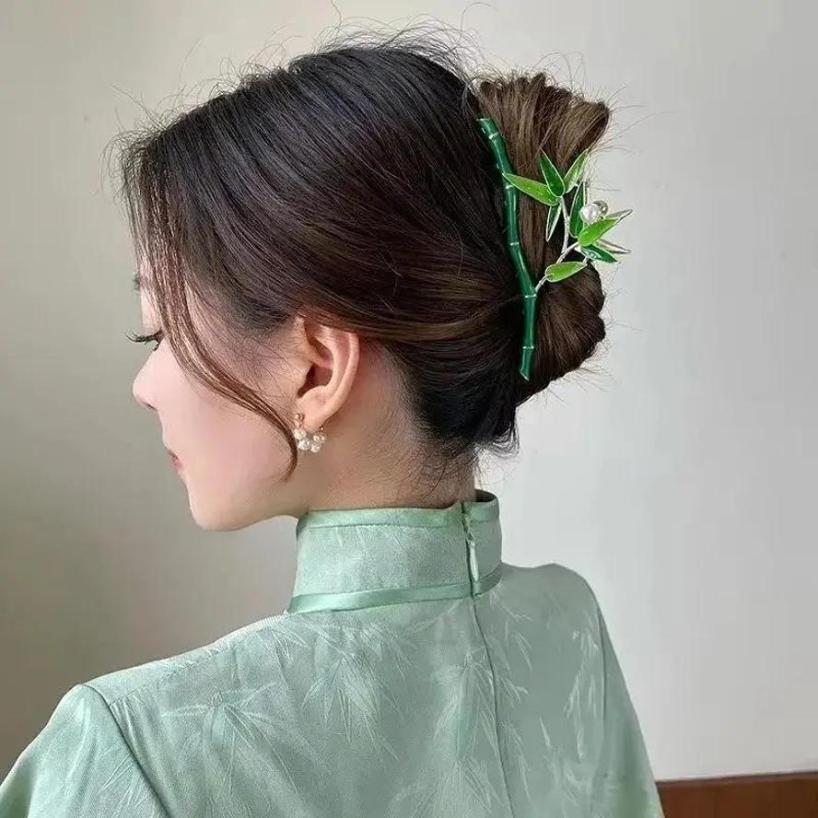 1 Pcs Women Fashion Green Bamboo Hair Clips Metal Grip Clip Accessories Chinese Style Bamboo Hair Clip Creative Gifts