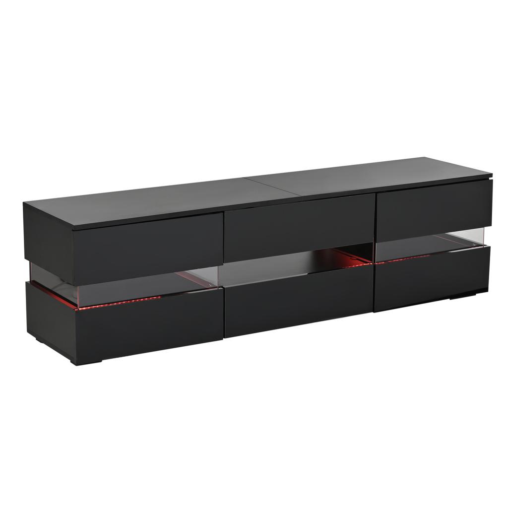 Moderní lesklá TV skříňka, 160x39x45 cm, s LED osvětlením, 2 dveře, 1 zásuvka, otevřená přihrádka, vhodná pro 70palcové televize