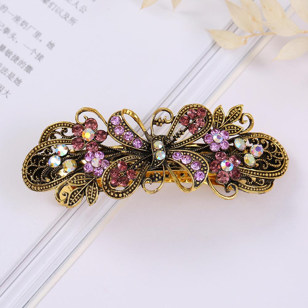 Korean Fashion Retro Colorful Rhinestone Hairpin Elegant Ladies Bronze Metal Flower Plate Hair Top Clip Headband Hair Accessory