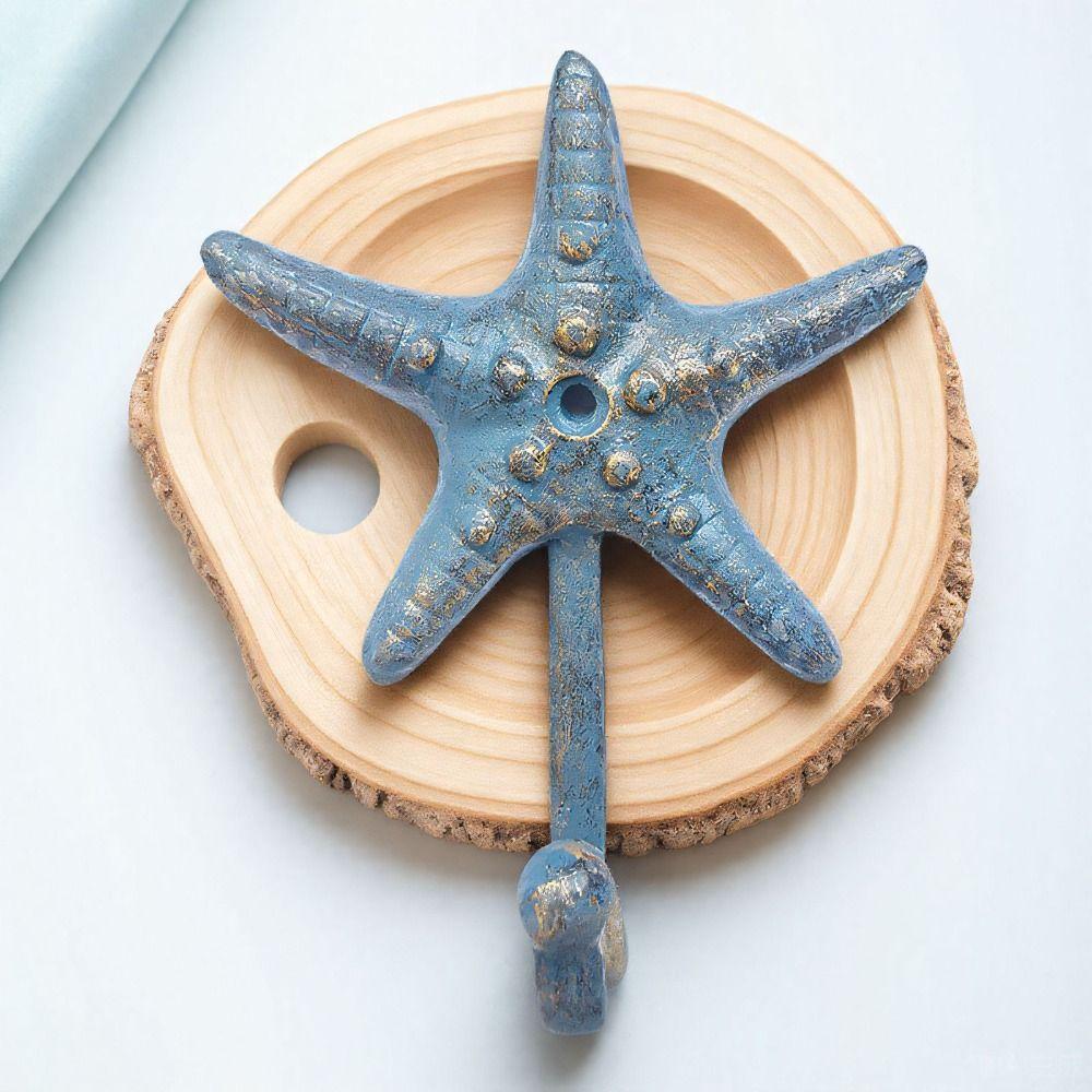 Starfish Shape Cast Iron Hook Ocean Blue Finish Vintage Rustic Wall Mounted Hook Gold Brushed Details Sturdy Cast Iron