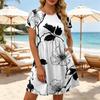 Women Short Sleeve Floral Print Dress Casual Round Neck Waist Tie with Pockets Lightweight Relaxed Fit Summer Dress