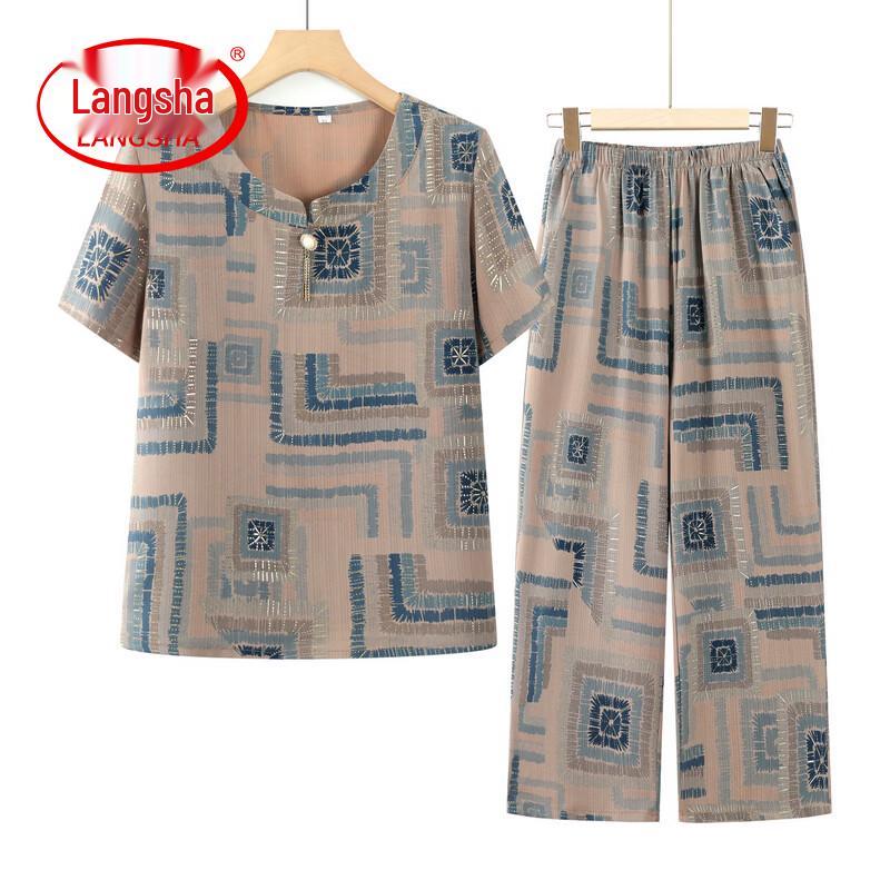LangSha Women s Summer Striped Short Sleeve Two-Piece Set 5XL