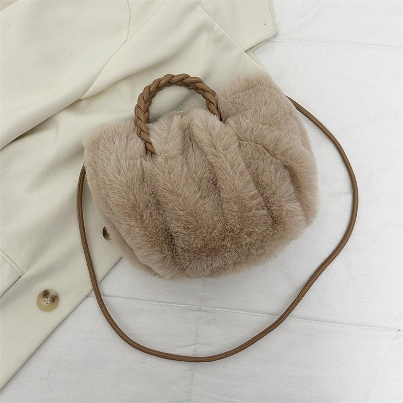Women's Autumn and Winter Pleated Plush Crossbody Bag, Solid Color Temperament Handbag