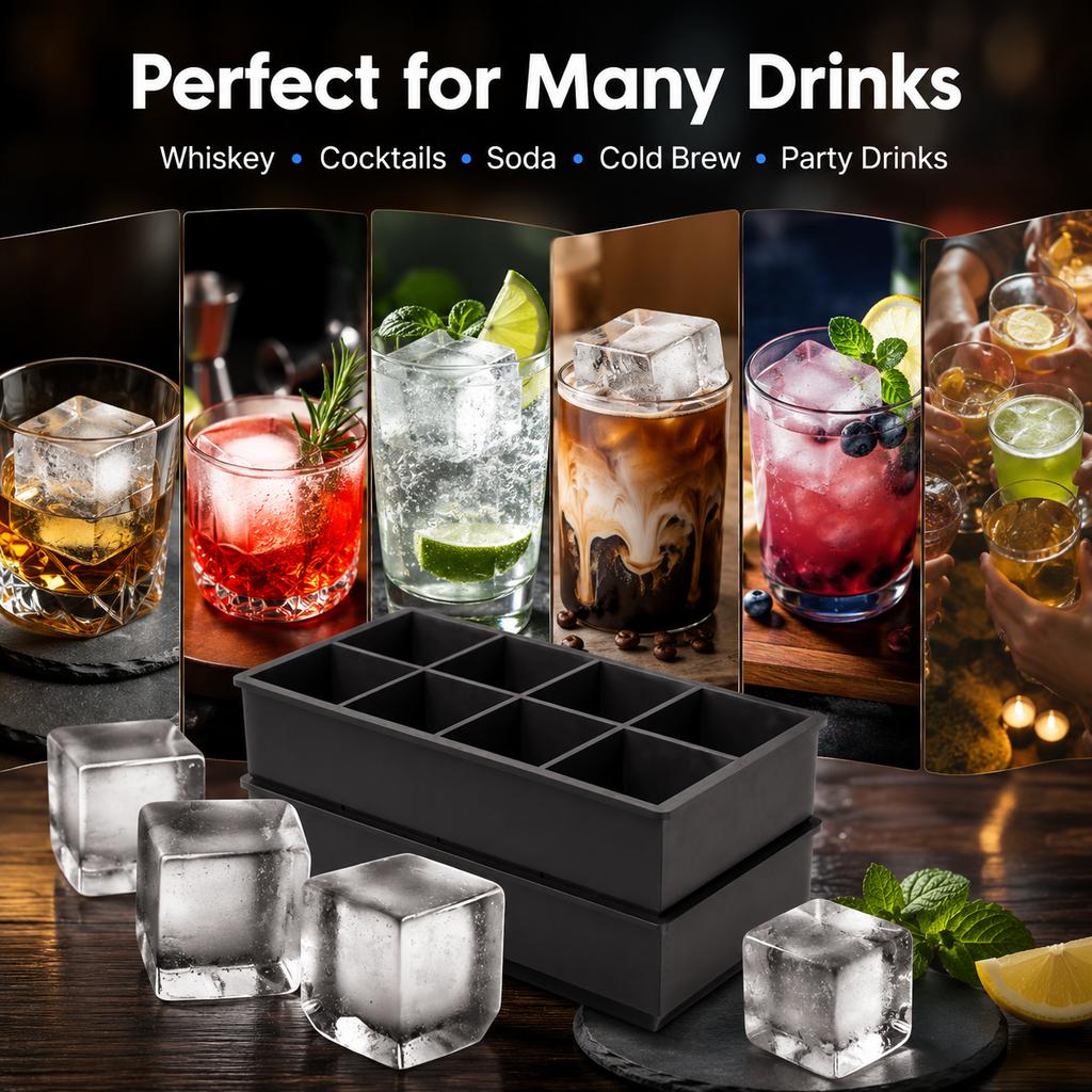 8-Grid Large 5cm Ice Cube Tray with Lid Food Grade Silicone Big Ice Cube Mold for Whiskey Cocktail Drinks Easy Release Giant Ice
