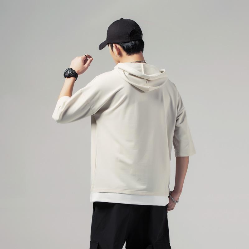 Men Summer Solid Hooded T-Shirts Short Sleeve Loose Streetwear Tees Male Vintage Casual Sports Plus Size Hooded Neck Tops