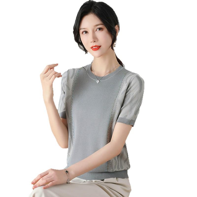 Elegant Ice Silk Knit Short Sleeve Top - Women's Summer Style
