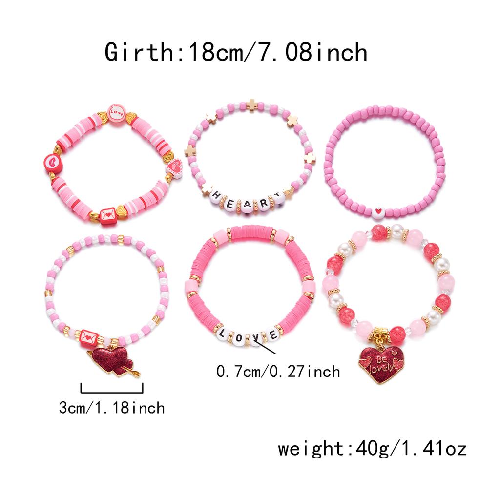 Fashion 6pcs/set Y2K Pink Beads Polymer Clay Bracelets Set for Women Girls LOVE Heart Pendant Gifts for Lovers Jewelry