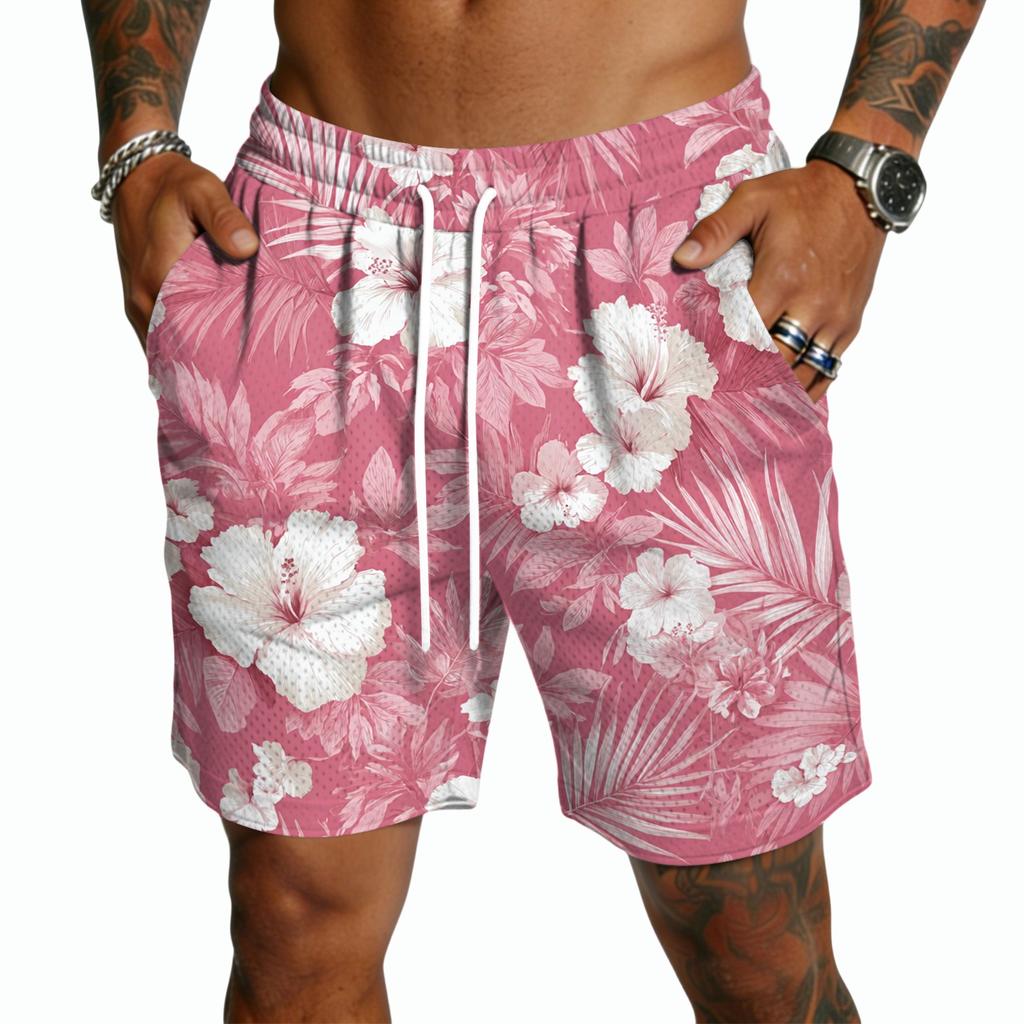 Herren Freizeitshorts mit Kordelzug Leichte Schnelltrocknende Fünf-Punkt-Länge Strandbekleidung Sommerhose mit Hawaiianischem Aufdruck