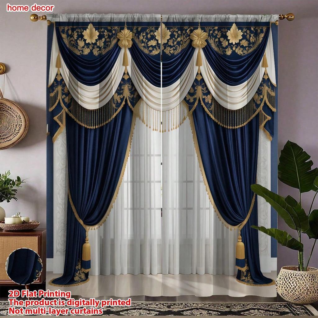 2 Stück Luxus-Stil Halbtransparente Polyester-Vorhänge mit goldener Quastenverzierung, Marineblaues Satin, Exquisite Schnitzerei für reichen Fall