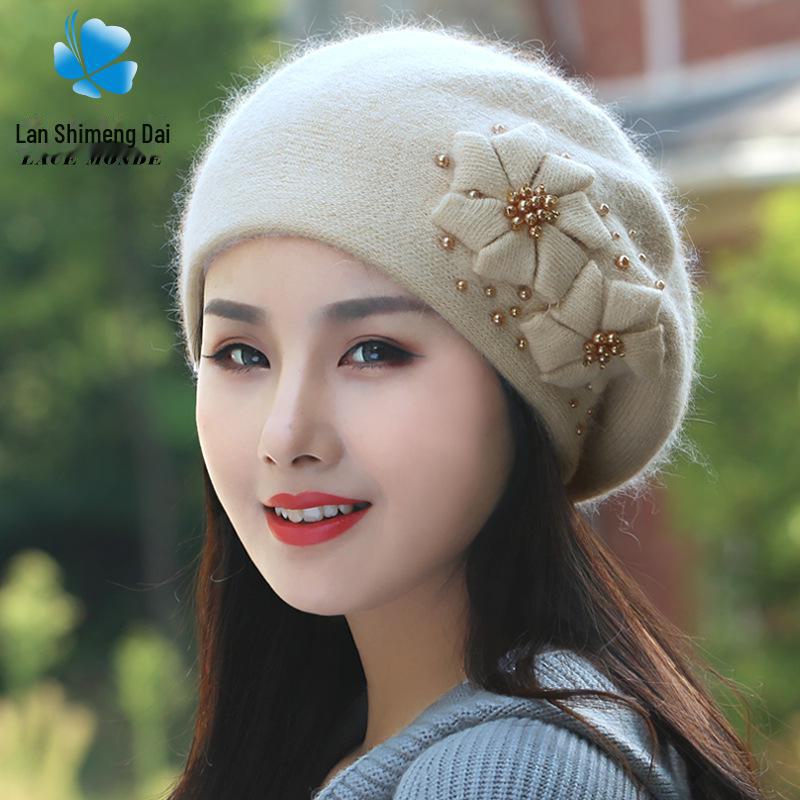 

«Женский вязаный берет в корейском стиле»: Универсальный бархат и кроличья шерсть с жемчугом для тепла осенью/зимой. Adult Universal Size (56-60cm)