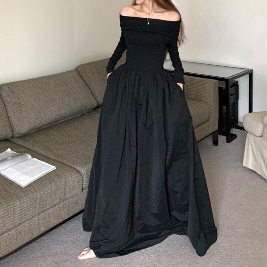 

Белое платье QICED Pure Desire A Word с открытыми плечами и длинными рукавами, женское, весна-осень, французское, в стиле Хепберн, длинное платье XL чёрный