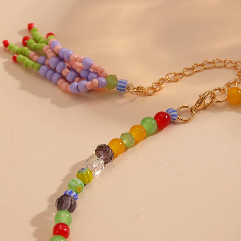 Bohemian Rainbow Millefiori Glass Beaded Choker Necklace Women Colorful Tassel Bead Adjustable Necklaces