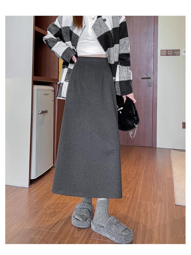 Khaki Wool High-Waist Slimming Midi Skirt for Women - A-Line, Hip-Hugging, Spring/Autumn 2026