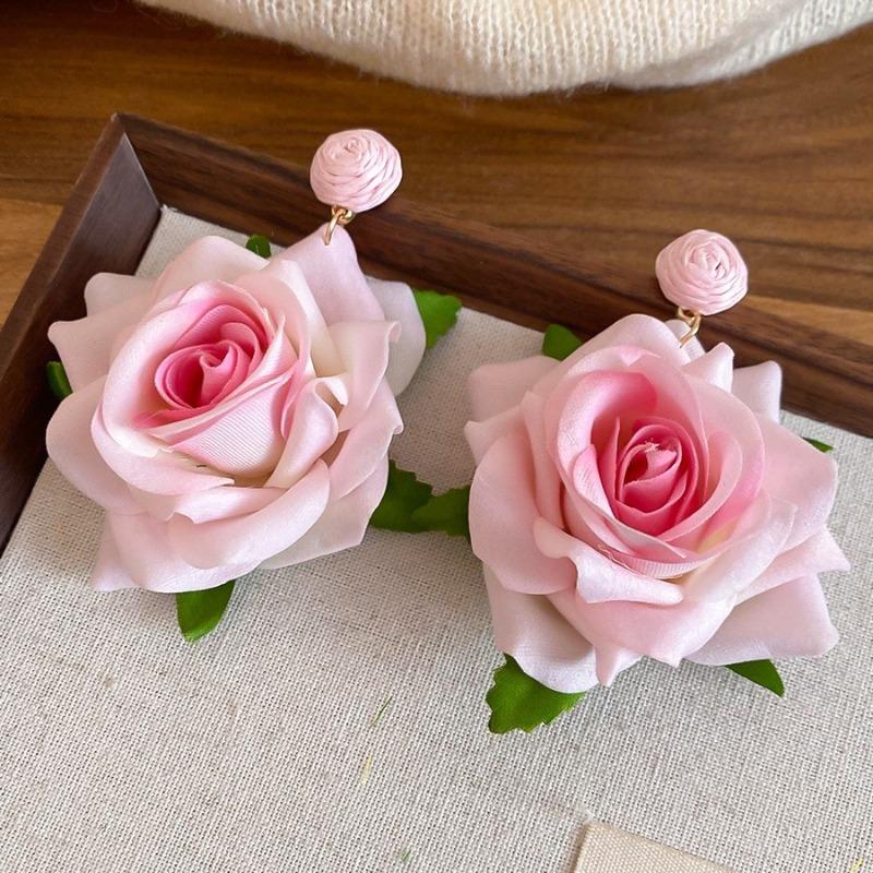 Silver Needle Pink Chiffon Flower Fringed Stud Earrings Small Fresh and Sweet Vacation Style Earrings Light Luxury High-end Earrings Women