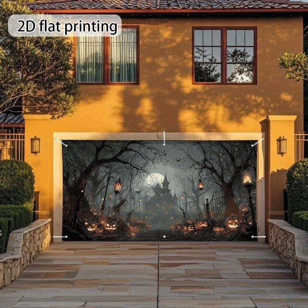 A large garage door banner depicting a terrifying haunted house scene - 2D printed on a flat surfacezyc