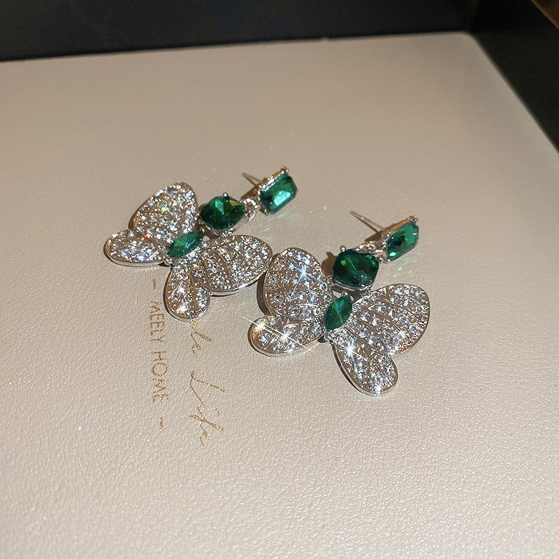 Emerald diamond leaf fringed earrings light luxury stud earrings women's European and American earrings