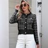 2025 European American Plaid Knitted Cardigan for Women's Temperament Jacket Pearl Button Fashion Sweater