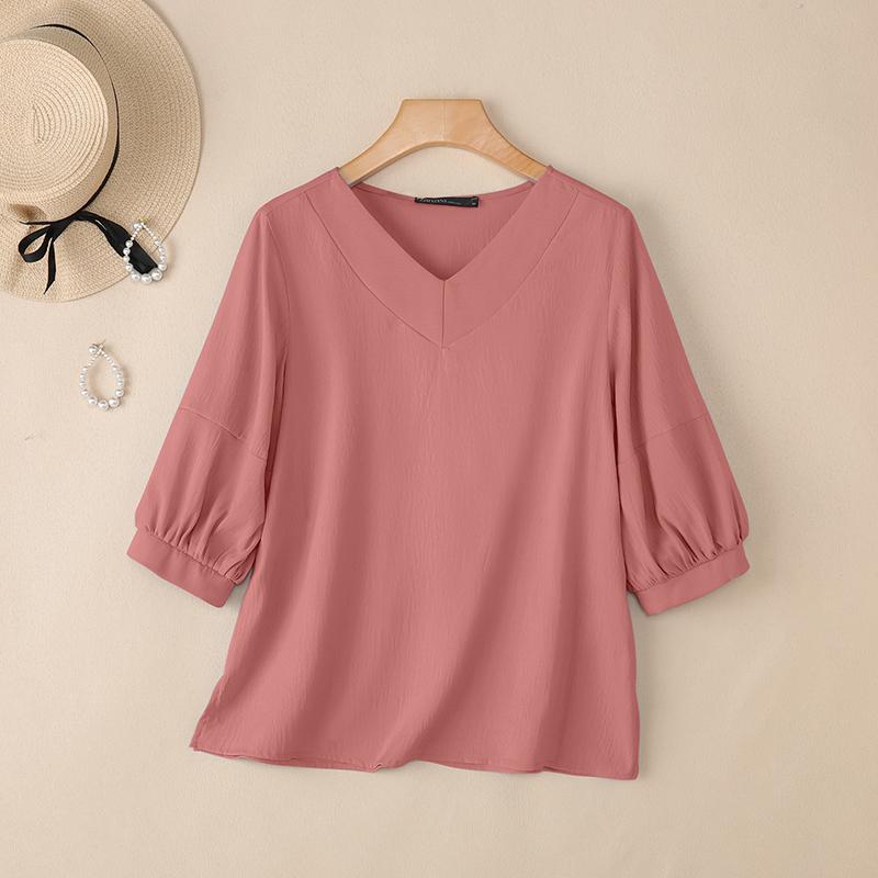 ZANZEA Women Casual V-Neck Solid Color 3/4 Sleeve Blouse